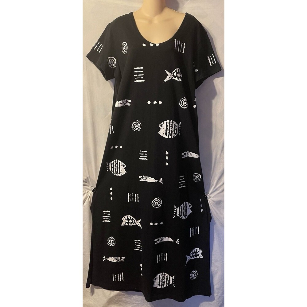 M.MAC Rock Fish Knit Midi Maxi Dress Black White Graphic Size XL 90's